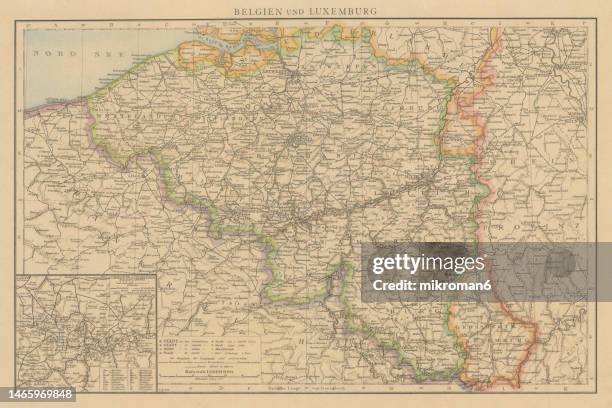 old chromolithograph map of belgium and luxembourg - luxembourg benelux stock-fotos und bilder