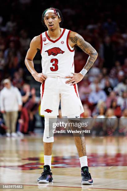 Nick Smith Jr. #3 of the Arkansas Razorbacks during a game against the Mississippi State Bulldogs at Bud Walton Arena on February 11, 2023 in...