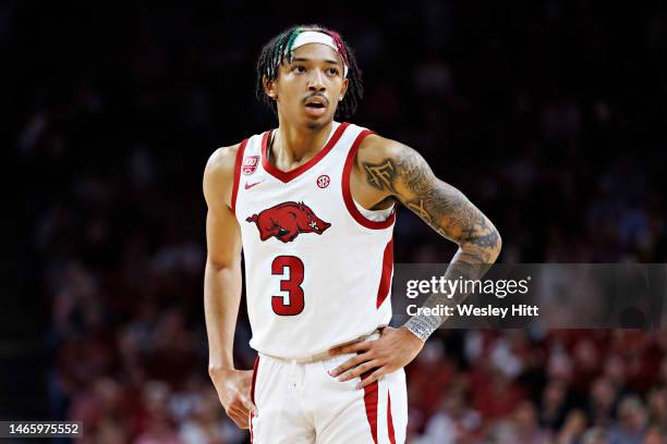 Nick Smith Jr. #3 of the Arkansas Razorbacks during a game against the Mississippi State Bulldogs at Bud Walton Arena on February 11, 2023 in...
