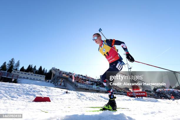 Johannes Thingnes Boe of Norway competes during the Men 20 km Individual at the IBU World Championships Biathlon Arena am Rennsteig on February 14,...