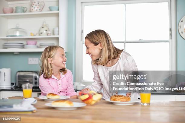 mother and daughter having breakfast - mother daughter kitchen stockfoto's en -beelden