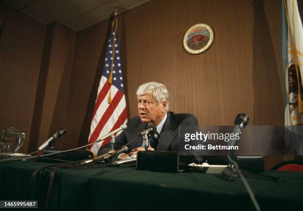 Secretary of the Interior Rogers Morton pictured during a press conference in Denver, Colorado, on May 10th, 1974.