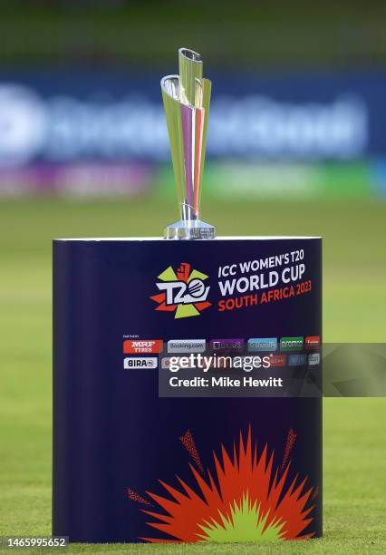 Detailed view of the ICC Women's T20 World Cup Trophy during the ICC Women's T20 World Cup group A match between Australia and Bangladesh at St...