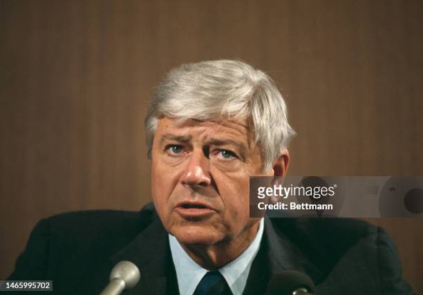 Secretary of the Interior Rogers Morton pictured during a press conference in Denver, Colorado, on May 10th, 1974.