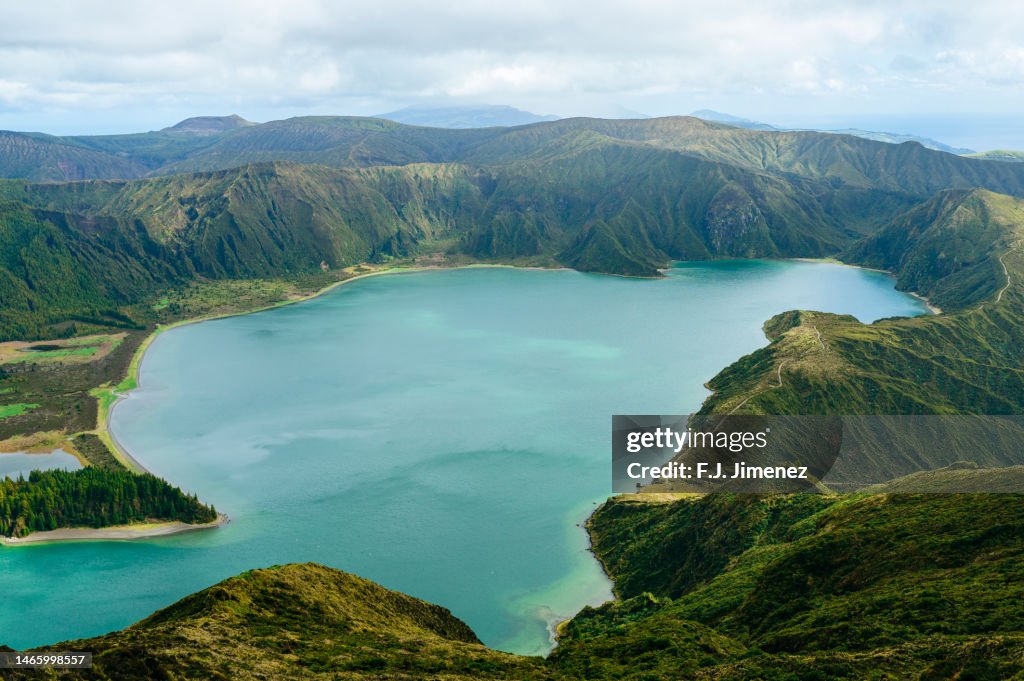 Landscape of lake in volcano in Sao Miguel island
