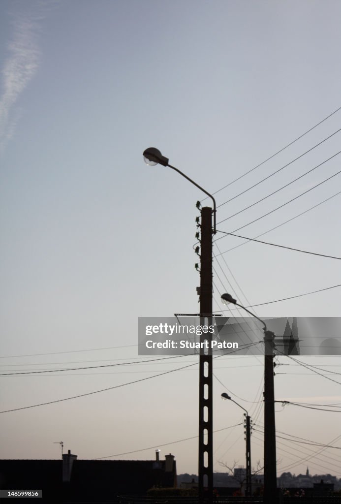 Streetlight silhouettes over town