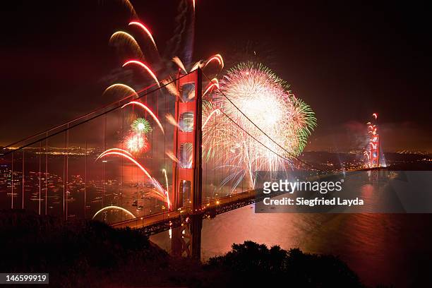 fireworks and the golden gate bridge - 75th anniversary of the golden gate bridge stock-fotos und bilder