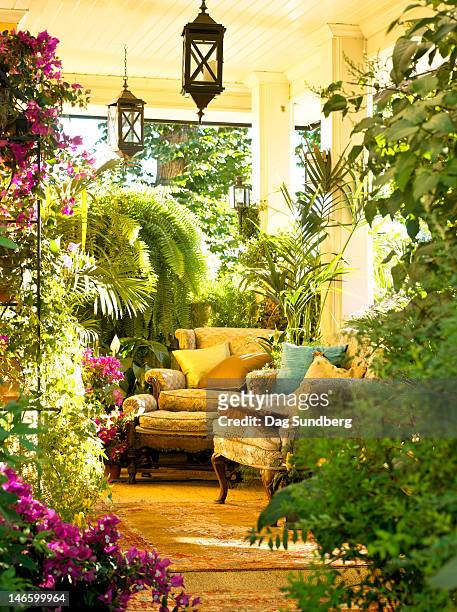 outdoor room fillled with plants - conservatory house photos et images de collection