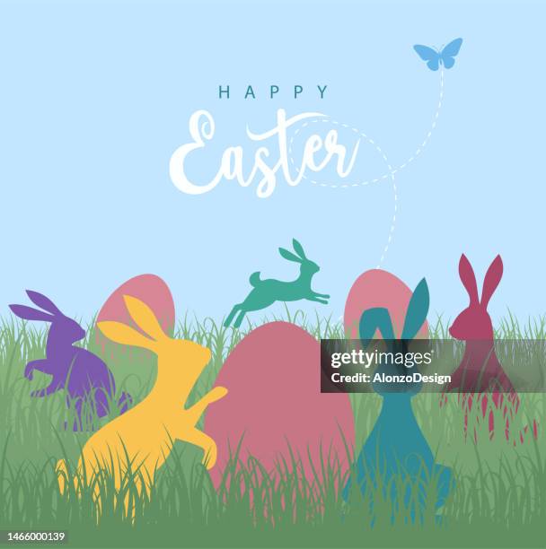 easter card with rabbit and eggs. - easter stock illustrations