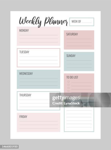 weekly planner printable vector template. blank organizer page a4, a5. business schedule page for a week for effective planning. personal notebook. paper sheet. white background. - weekness stock illustrations