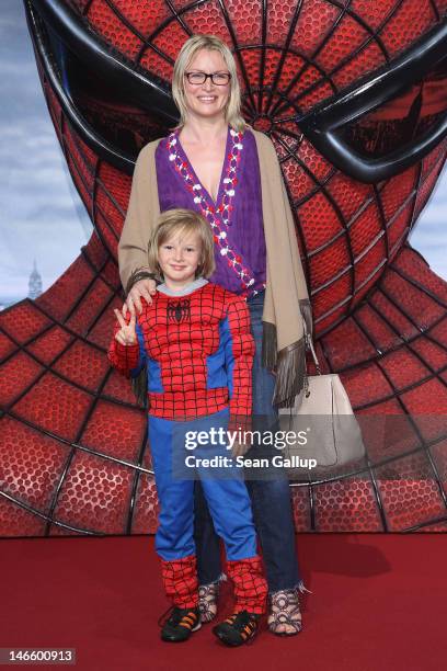 Eve-Maren Buechner and her son Jack attend the Germany premiere of "The Amazing Spider-Man" at Sony Center on June 20, 2012 in Berlin, Germany.