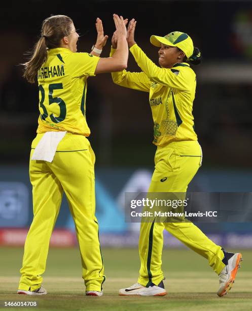 Georgia Wareham of Australia celebrates the wicket of Sobhana Mostary of Bangladesh with team mate Alana King during the ICC Women's T20 World Cup...
