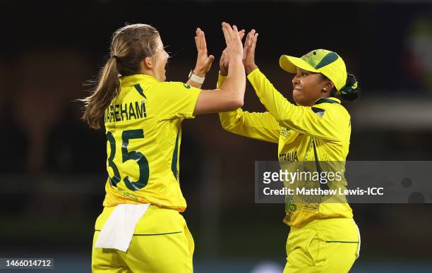 Georgia Wareham of Australia celebrates the wicket of Sobhana Mostary of Bangladesh with team mate Alana King during the ICC Women's T20 World Cup...