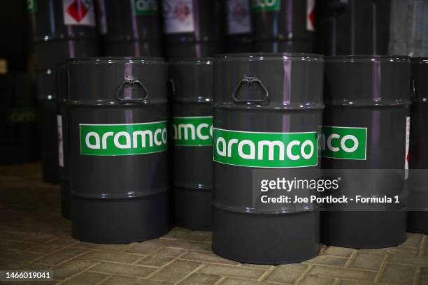 Aramco oil drums are pictured during day one of Formula 2 Testing at Bahrain International Circuit on February 14, 2023 in Bahrain, Bahrain.