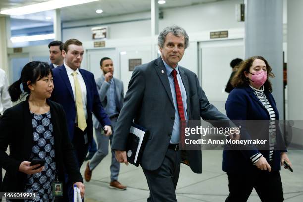 Sen. Sherrod Brown walks to a closed-door, classified briefing for Senators at U.S. Capitol Building on February 14, 2023 in Washington, DC....