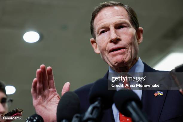 Sen. Richard Blumenthal speaks with reporters after attending a closed-door, classified briefing for Senators at U.S. Capitol Building on February...