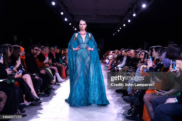 Model walks the runway wearing Naeem Khan during New York Fashion Week 2023 on February 14, 2023 in New York City.