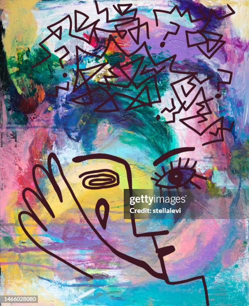 stockillustraties, clipart, cartoons en iconen met woman with chaotic thought pattern, depression, sadness - mental health concept - faces aftermath of storm eleanor