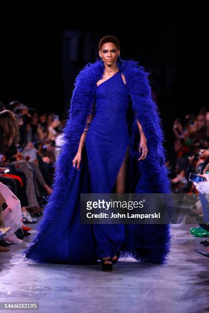 Model walks the runway wearing Naeem Khan during New York Fashion Week 2023 on February 14, 2023 in New York City.