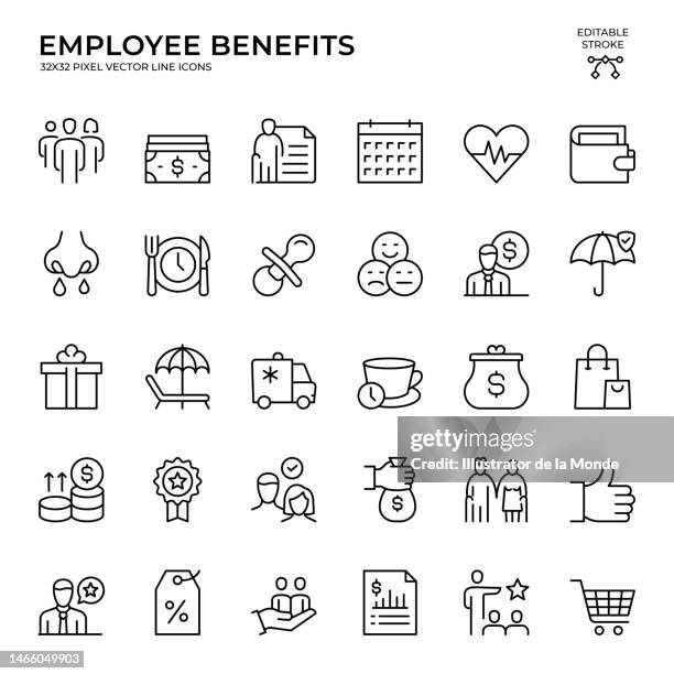 editable stroke vector icon set of employee benefits - workers compensation stock illustrations