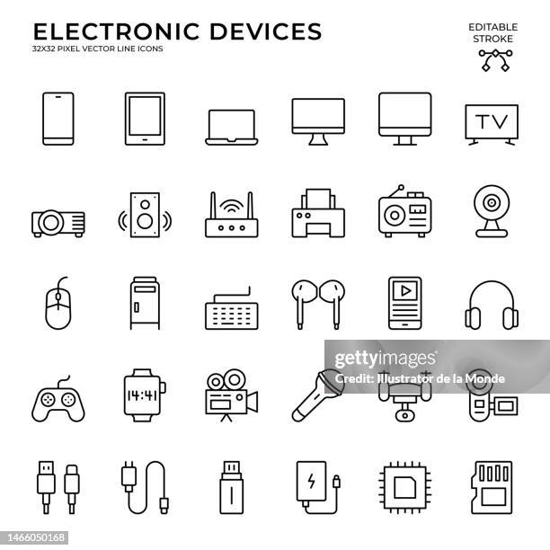 ilustrações de stock, clip art, desenhos animados e ícones de editable stroke vector icon set of electronic devices - modem