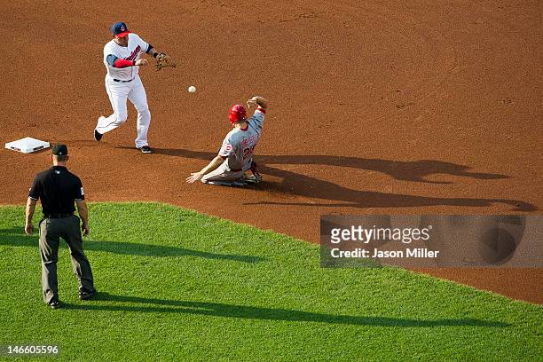 Shortstop Asdrubal Cabrera of the Cleveland Indians throws past Ryan Hanigan of the Cincinnati Reds for a double play during the first inning as...