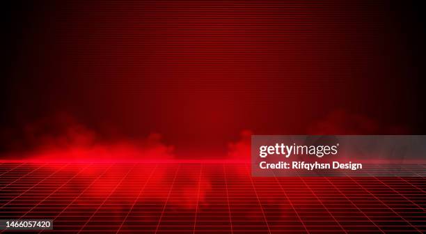 illustrazioni stock, clip art, cartoni animati e icone di tendenza di illustrazione fantascientifica futuristica retrò anni '80. paesaggio dei videogiochi retrowave con griglie al neon - sfondo rosso