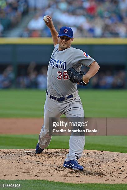 Starting pitcher Randy Wells of the Chicago Cubs delivers the ball against the Chicago White Sox at U.S. Cellular Field on June 20, 2012 in Chicago,...