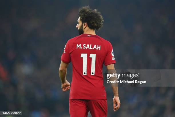 Mohamed Salah of Liverpool looks on during the Premier League match between Liverpool FC and Everton FC at Anfield on February 13, 2023 in Liverpool,...