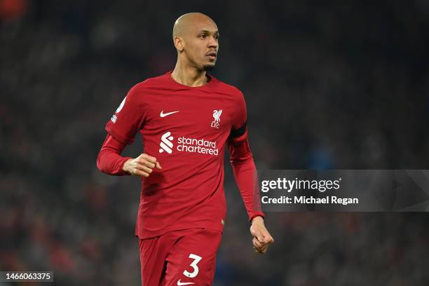 Fabinho of Liverpool looks on during the Premier League match between Liverpool FC and Everton FC at Anfield on February 13, 2023 in Liverpool,...