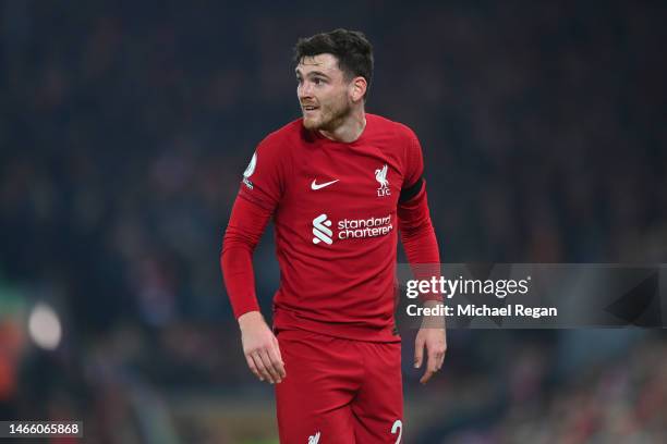 Andy Robertson of Liverpool looks on during the Premier League match between Liverpool FC and Everton FC at Anfield on February 13, 2023 in...