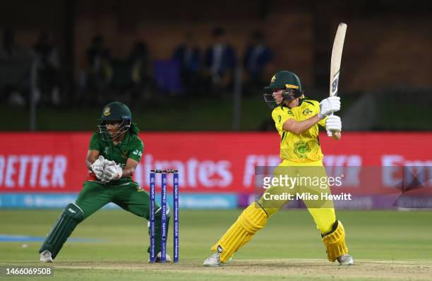 Meg Lanning of Australia plays a shot during the ICC Women's T20 World Cup group A match between Australia and Bangladesh at St George's Park on...