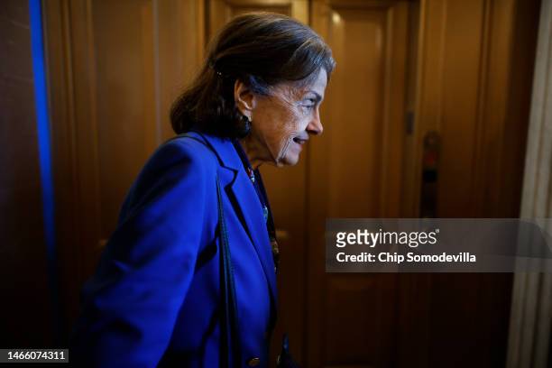 Sen. Dianne Feinsten leaves the Senate Chamber following a vote in the U.S. Capitol on February 14, 2023 in Washington, DC. Feinstein announced...