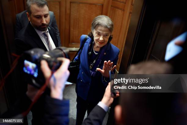 Sen. Dianne Feinstein boards an elevator following a vote in the U.S. Capitol on February 14, 2023 in Washington, DC. Feinstein announced Tuesday...