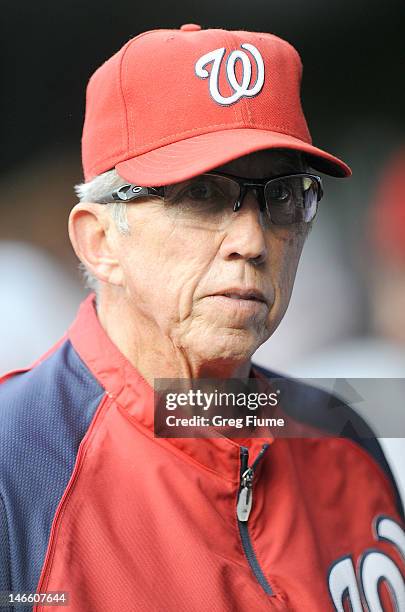 Manager Davey Johnson of the Washington Nationals watches the game against the Tampa Bay Rays in interleague play at Nationals Park on June 20, 2012...