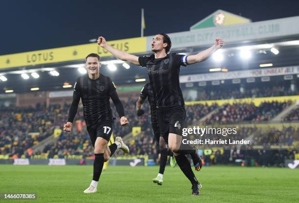 Jacob Greaves of Hull City celebrates after scoring the team's first goal during the Sky Bet Championship match between Norwich City and Hull City at...