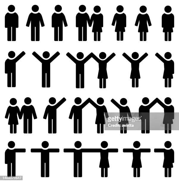 set of people icons – man and woman. - stick figure arms raised stock illustrations