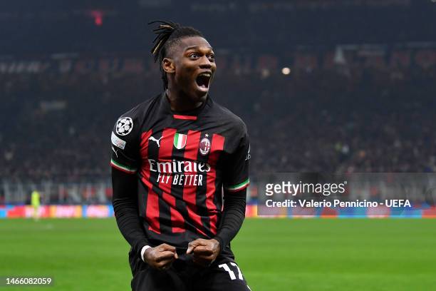 Rafael Leao of AC Milan celebrates after the team's first goal scored by teammate Brahim Diaz during the UEFA Champions League round of 16 leg one...