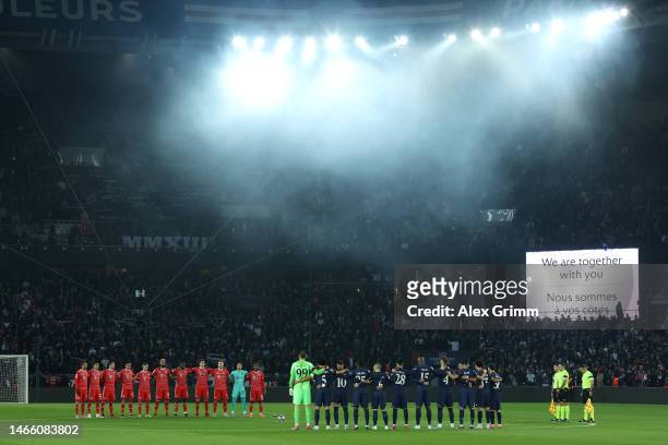 General view as players of FC Bayern Munich and Paris Saint-Germain observe a minute of silence for the victims of the earthquakes in Turkey and...