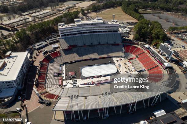 An aerial view of Carter-Finley Stadium as the ice rink is constructed ahead of the NHL Stadium Series on February 14, 2023 in Raleigh, North...