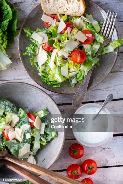 green salad with tomatoes, bread and parmesan cheese - cheese salad bildbanksfoton och bilder