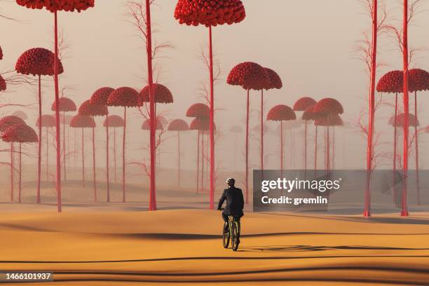 businessman cycling in strange surreal landscape - digitally generated image forest stock pictures, royalty-free photos & images