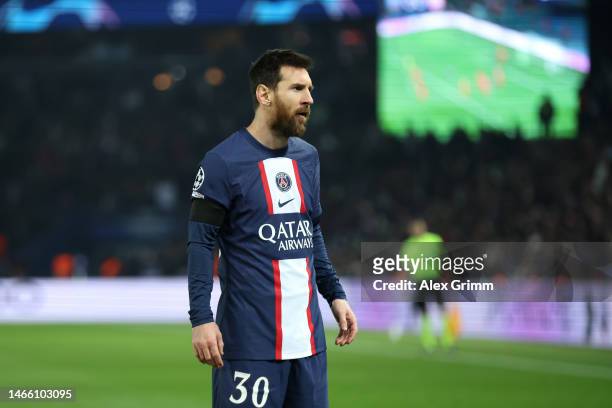 Lionel Messi of Paris Saint-Germain looks on during the UEFA Champions League round of 16 leg one match between Paris Saint-Germain and FC Bayern...