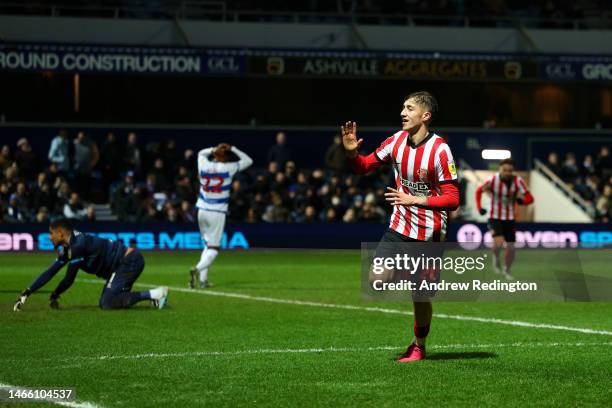 Jack Clarke of Sunderland celebrates after scoring the team's second goal during the Sky Bet Championship match between Queens Park Rangers and...