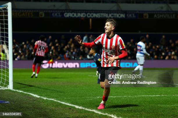 Jack Clarke of Sunderland celebrates after scoring the team's second goal during the Sky Bet Championship match between Queens Park Rangers and...