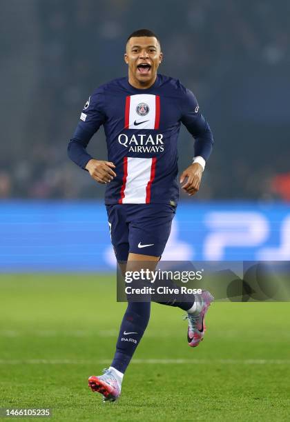 Kylian Mbappe of Paris Saint-Germain reacts as they come as a substitute during the UEFA Champions League round of 16 leg one match between Paris...