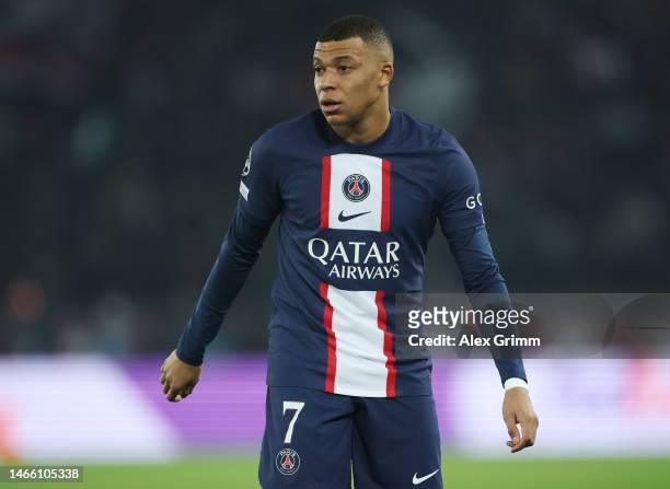 Kylian Mbappe of Paris Saint-Germain looks on during the UEFA Champions League round of 16 leg one match between Paris Saint-Germain and FC Bayern...