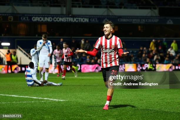 Jack Clarke of Sunderland celebrates after scoring the team's third goal during the Sky Bet Championship match between Queens Park Rangers and...