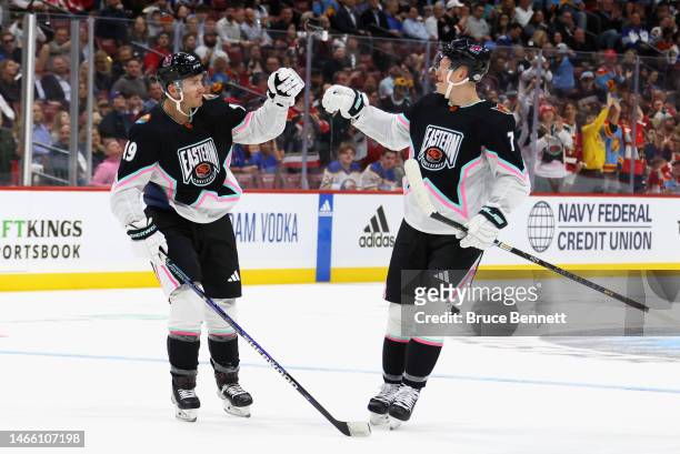 Brady Tkachuk of the Ottawa Senators congratulates his brother Matthew Tkachuk of the Florida Panthers during the NHL All-Star Game on February...