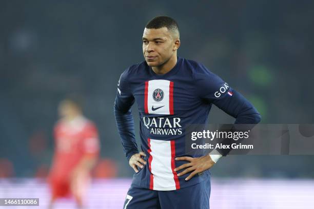 Kylian Mbappe of Paris Saint-Germain looks dejected during the UEFA Champions League round of 16 leg one match between Paris Saint-Germain and FC...